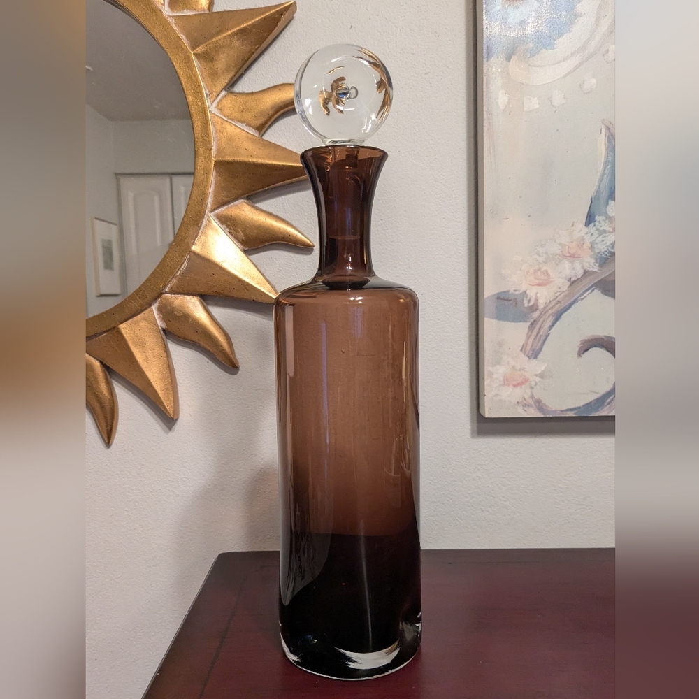 Crystal Glass 14.25" DECANTER Bark Brown Clear Base & Stopper Mid Century Modern